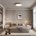 Modern Bedroom Interior Featuring Upholstered Bed Nightstands Round Ceiling Light Wall Art And Area Rug