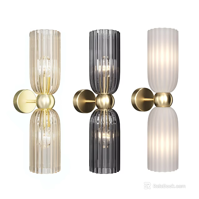 Modern Cylindrical Wall Lamps In Three Colors With Ribbed Glass And Gold Bases 3d model 