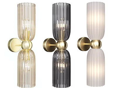 Modern Cylindrical Wall Lamps In Three Colors With Ribbed Glass And Gold Bases 3d model