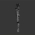 Female Cyborg Figure with Mechanical and Biological Elements Standing with Arms Outstretched Against Gray Background