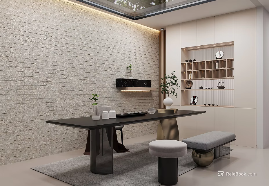 Modern Tea Room Interior Design With Long Table Benches And Decorative Plants 3d model