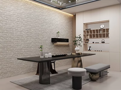 Modern Tea Room Interior Design With Long Table Benches And Decorative Plants 3d model