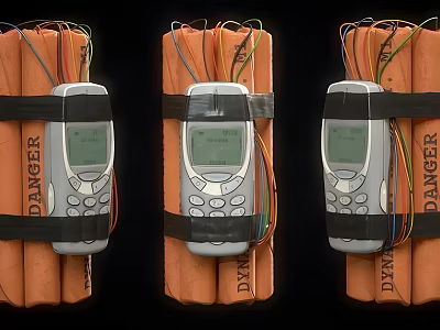 Explosive Weapon Devices With Mobile Phone Detonators Danger Labels And Wires 3d model
