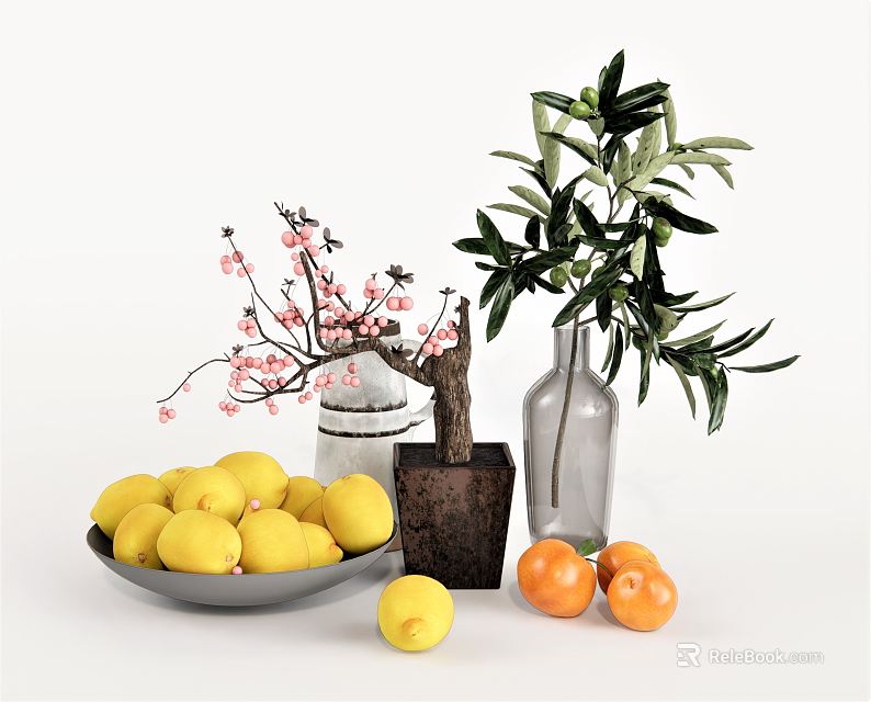 Decorative Vase With Cherry Blossom And Olive Branch Alongside Lemon Bowl And Fresh Oranges 3d model 