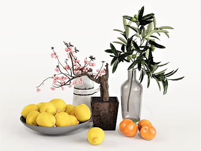 Decorative Vase With Cherry Blossom And Olive Branch Alongside Lemon Bowl And Fresh Oranges 3d model