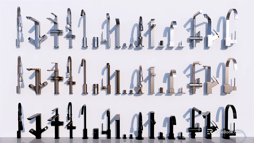 Various Modern Faucet Styles Arranged in Display Rows with Different Finishes 3d model