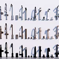 Various Modern Faucet Styles Arranged in Display Rows with Different Finishes