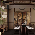 Traditional Chinese Interior Featuring Wooden Screen Lanterns Lattice Windows And Dining Table