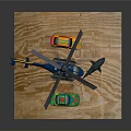 Toy Scene with Blue Helicopter Colorful Cars Small Tent and Shark Model on Wooden Board