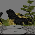 Karesansui Dry Landscape Garden With Black Rocks Pine Tree Gravel And Circular Slabs