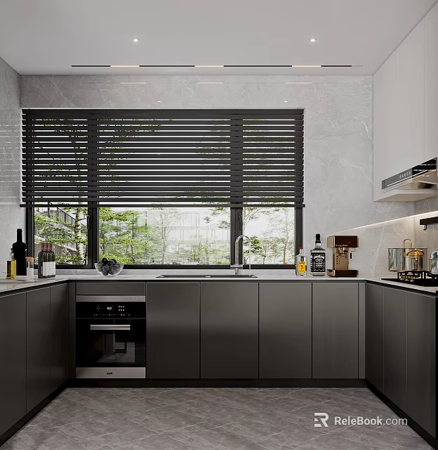 Modern Kitchen Interior With Dark Cabinets Large Window Blinds Appliances On Countertop And Greenery Outside 3d model 