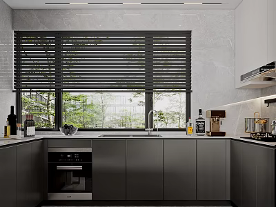 Modern Kitchen Interior With Dark Cabinets Large Window Blinds Appliances On Countertop And Greenery Outside 3d model