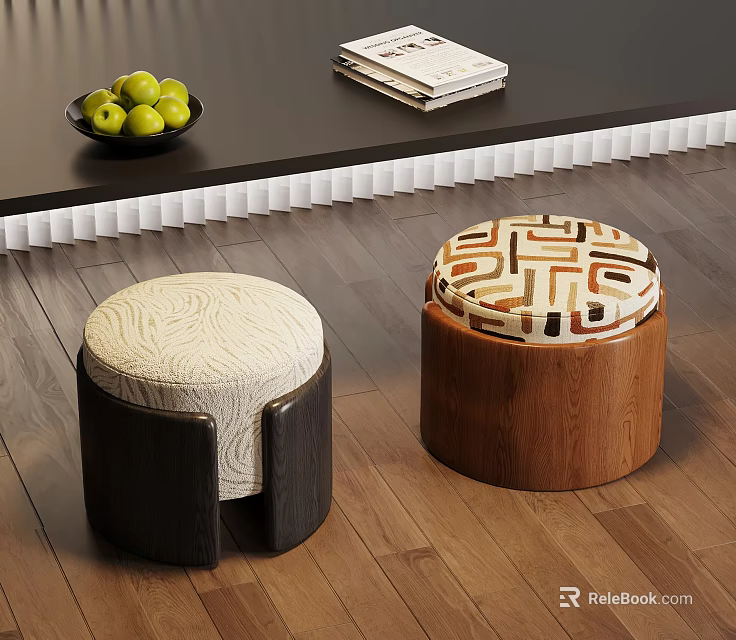 Two Modern Round Stools With Black Wooden Bases And Patterned Seats 3d model 