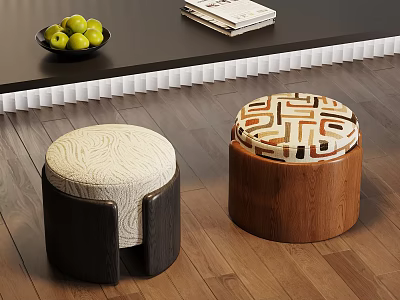Two Modern Round Stools With Black Wooden Bases And Patterned Seats 3d model
