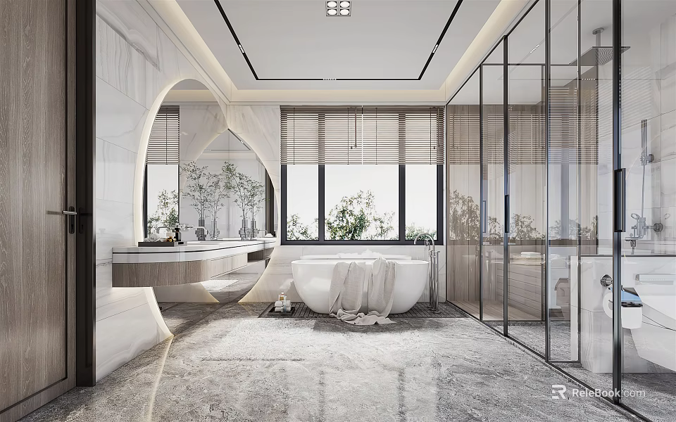 Modern Bathroom Interior Design With Freestanding Bathtub Large Mirror And Glass Shower Enclosure 3d model 