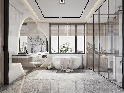 Modern Bathroom Interior Design With Freestanding Bathtub Large Mirror And Glass Shower Enclosure 3d model