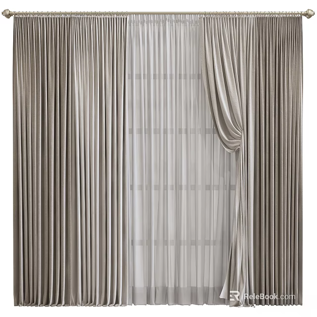 Elegant Beige Brown Double Layer Curtains With Sheer Panel And Soft Drapes For Window Decor 3d model 