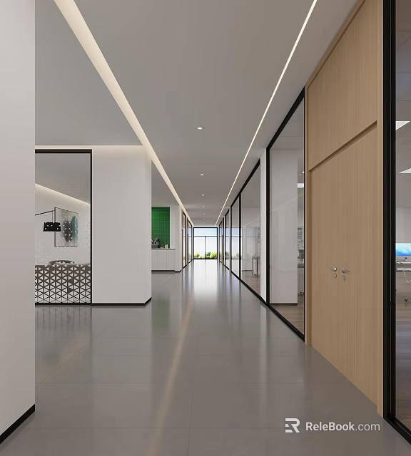 Modern Office Corridor Interior With Glass Partitions Wooden Doors And Linear Lights 3d model 