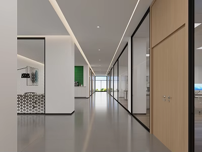 Modern Office Corridor Interior With Glass Partitions Wooden Doors And Linear Lights 3d model