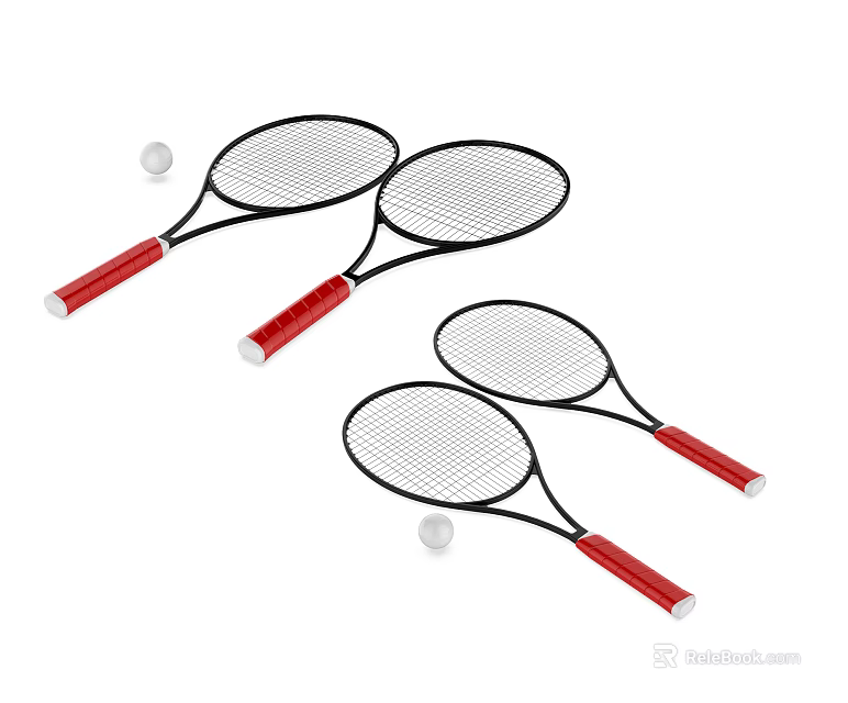 High Quality Tennis Rackets With Red Handles Black Frames And White Strings Including Tennis Balls 3d model 