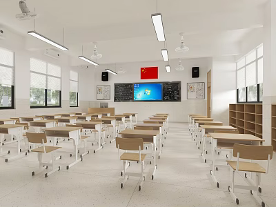 Modern School Classroom Interior With Desks Chairs And Digital Screen 3d model