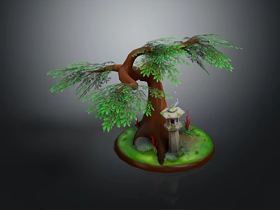 Cartoon Scenic Design With Large Tree Green Leaves Stone Lantern And Green Grass Stones 3d model