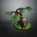 Cartoon Scenic Design With Large Tree Green Leaves Stone Lantern And Green Grass Stones