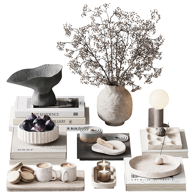 Minimalist Modern Decorative Ornament Set Featuring Sculpture Vase Dried Flowers Books Trays And Candles 3d model 