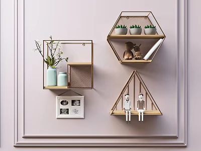 Modern Geometric Wall Cabinets With Hexagonal Triangular Shapes Succulents And Decor Items 3d model