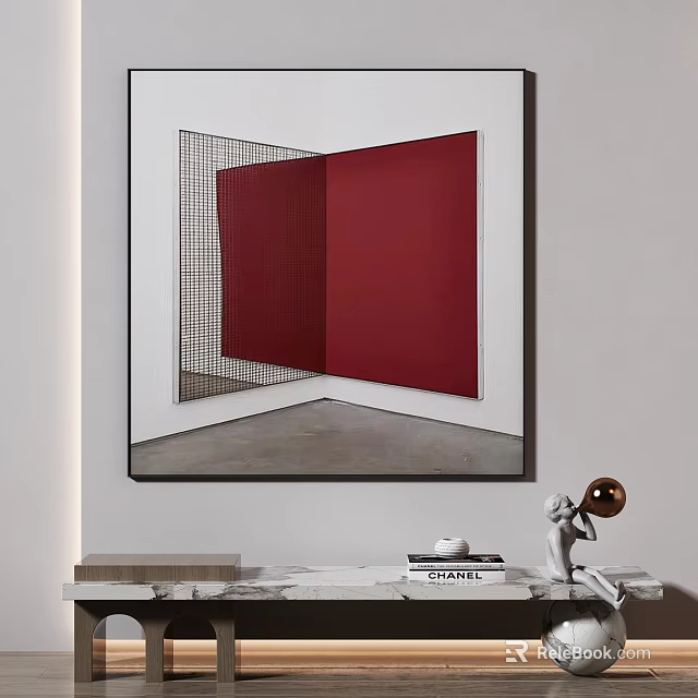 Modern Abstract Painting With Red Geometric Shape And Grid Lines In White Frame 3d model