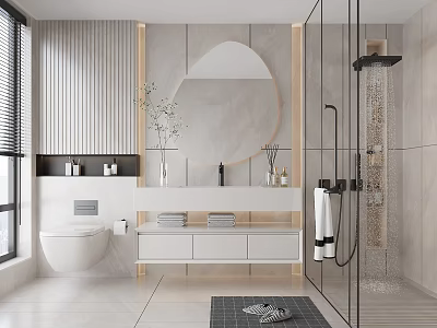 Modern Bathroom Interior Design With Round Mirror White Vanity Marble And Glass Shower 3d model
