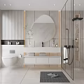 Modern Bathroom Interior Design With Round Mirror White Vanity Marble And Glass Shower