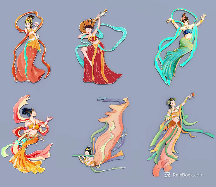 Traditional Chinese Fairy Themed Hanging Decorations With Flowing Dresses And Colorful Ribbons In Vibrant Colors 3d model 