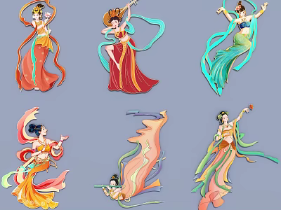 Traditional Chinese Fairy Themed Hanging Decorations With Flowing Dresses And Colorful Ribbons In Vibrant Colors 3d model