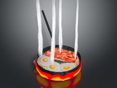Non Stick Frying Pan With Fried Eggs And Bacon On Flaming Heat With Steam 3d model