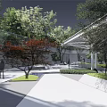 Modern Garden Landscape With Trees Greenery Pathways And Architectural Structures 3d model