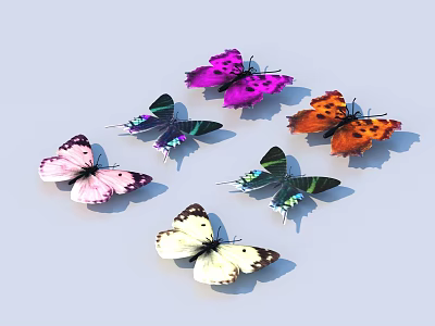Multiple Colorful Flying Butterflies Display Diverse Wing Patterns On Light Background 3d model
