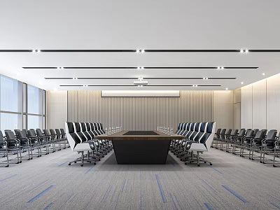 Modern Conference Room Interior Design With Long Meeting Table Multiple Chairs And Large Windows 3d model