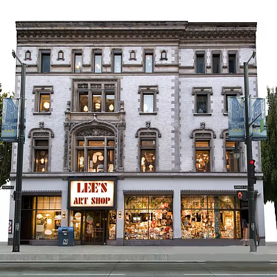 Vintage Lee's Art Shop Storefront Featuring Ornate Windows and Shop Window Displays 3d model