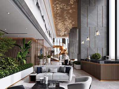 Modern Hotel Lobby Interior Design With Green Plants Sofa Seating And Reception Desk 3d model