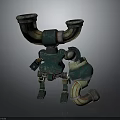 Green Robot With Red Striped Horn Pipes And Green Yellow Striped Creature Companion