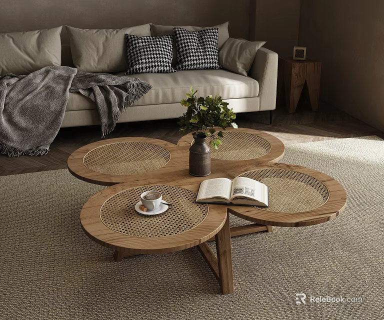 Wooden Rattan Coffee Table with Open Book Coffee Cup Plant Sofa Pillows in Living Room 3d model 