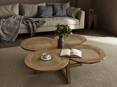 Wooden Rattan Coffee Table with Open Book Coffee Cup Plant Sofa Pillows in Living Room 3d model