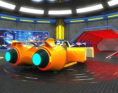 Futuristic Parking Lot Showcasing Orange Car With Blue Lights Red Yellow Accents And Tech Screens 3d model