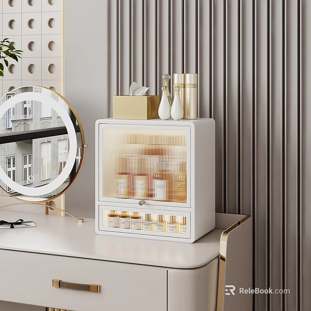 White Vanity Storage Rack With Double Layer Clear Door Holding Cosmetics And Skincare On Dressing Table 3d model 