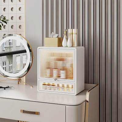 White Vanity Storage Rack With Double Layer Clear Door Holding Cosmetics And Skincare On Dressing Table 3d model