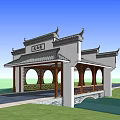 Chinese Style Covered Bridge With Curved Eaves Carved Railings Round Arches Grassland Road