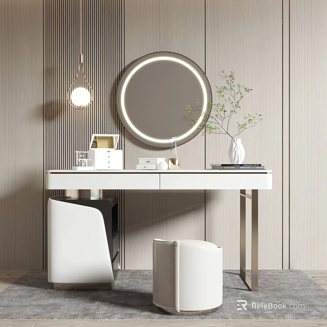 Modern White Dressing Table with Round LED Mirror Decorative Vase Green Plants and Storage Boxes 3d model 