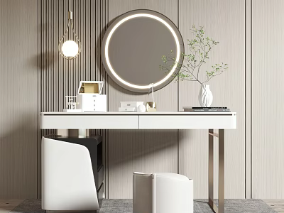 Modern White Dressing Table with Round LED Mirror Decorative Vase Green Plants and Storage Boxes 3d model