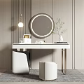 Modern White Dressing Table with Round LED Mirror Decorative Vase Green Plants and Storage Boxes
